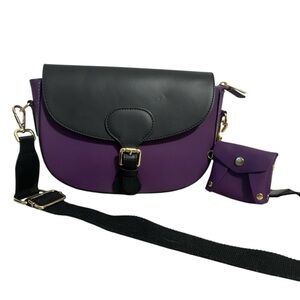 STELLA BIANCA Purple/Black Genuine Leather Flap Crossbody Shoulder Bag Italy